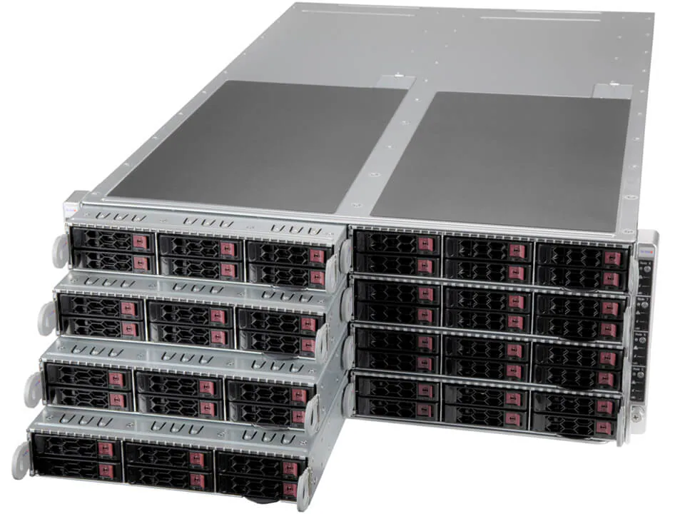 Supermicro FatTwin SYS-F511E2-RT – 4U 8 Nós, Xeon Scalable, até 48 NVMe/SAS/SATA, Redundante 2000W