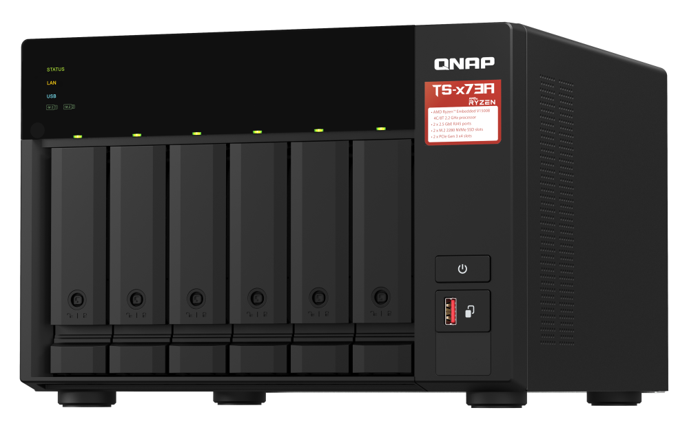 Servidor NAS QNAP TS-673A-8G com AMD Ryzen V1500B, 8GB DDR4, 6 Baias, 2x 2.5GbE, Expansão PCIe e Suporte a QTS/QuTS hero