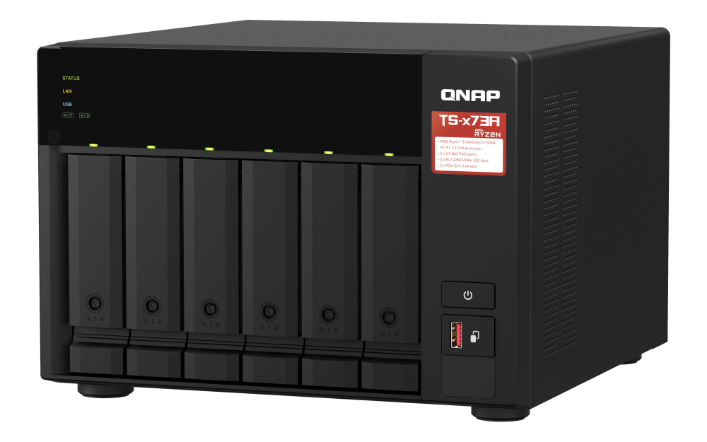 Servidor NAS QNAP TS-673A-8G com AMD Ryzen V1500B, 8GB DDR4, 6 Baias, 2x 2.5GbE, Expansão PCIe e Suporte a QTS/QuTS hero - Imagem 4
