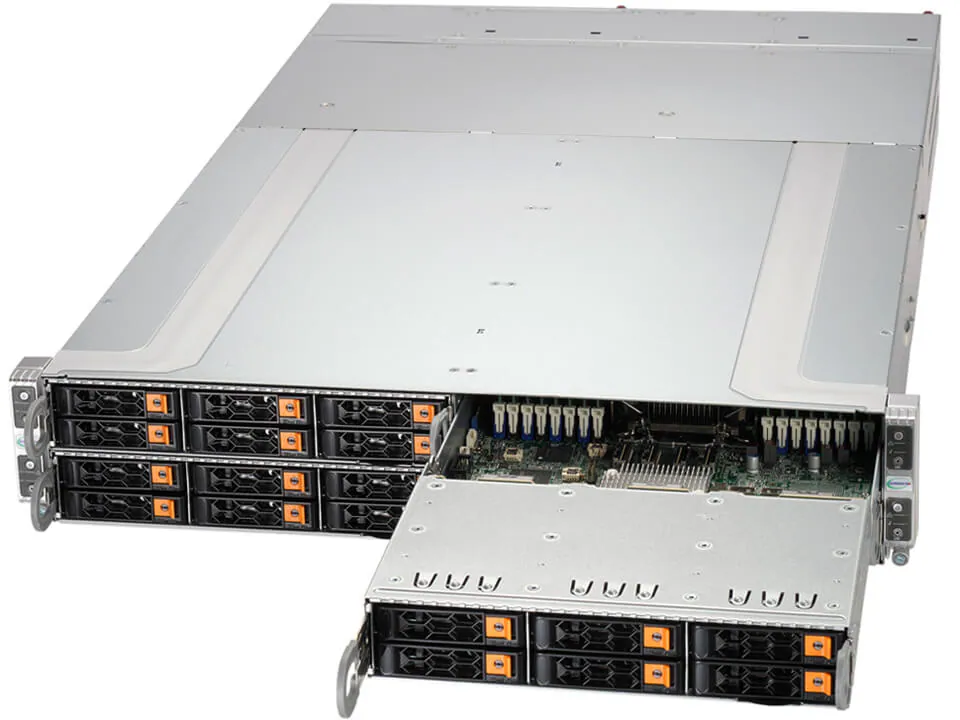 Servidor Supermicro SuperServer SYS-211GT-HNTR 2U 4 Nós, Intel Xeon 5ª/4ª Geração, até 24 NVMe, Redundância de Energia